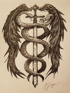 Hermes Staff, Tattoo Medieval, Staff Of Hermes, Hermes Tattoo, Caduceus Tattoo, Hades Tattoo, Harry Tattoos, Medieval Drawings, Anker Tattoo