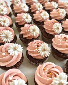 cupcakes with pink frosting and white flowers on top are arranged in rows