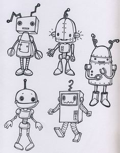 four different types of robots drawn in black and white