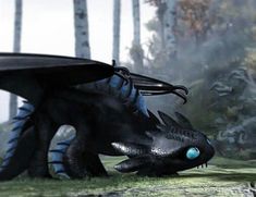 a black dragon sitting on top of a lush green field