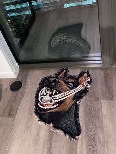 a dog is laying on the floor in front of a glass door and wearing a mask