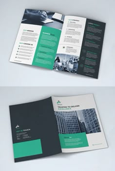 two fold brochure mockup templates with green and black colors on them