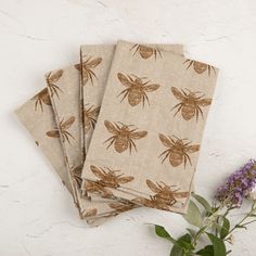 Honey Bee Napkin Set Mustard Color Sustainable 100% cotton. Bee Napkins, Patterned Napkins, Bee Inspired, Cotton Set, Place Setting, Napkins Set, Honey Bee, Place Settings, Recycled Cotton