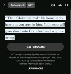 the bible app on an iphone with text reading, then christ will make his home in your hearts as you trust him