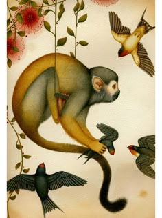 a monkey on a branch surrounded by birds and flowers