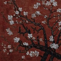 a painting of a tree with white flowers on red background and black branches in the foreground