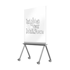 a white sign sitting on top of a metal stand next to a whiteboard with the words, brighten your brain storm