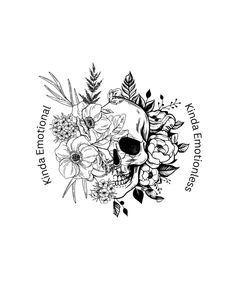 a black and white drawing of a skull surrounded by flowers