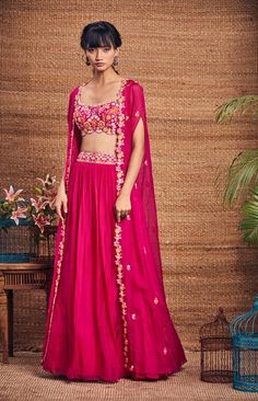 Cape Skirt Dress, Crop Top Work Designs, Cape Style Dresses Indian, Lehenga Cape Style, Cape Set Indian, Gown With Cape Indian, Cape Lehenga Indian Weddings, Pink Top And Skirt Outfit, Pink Skirt Outfit Indian