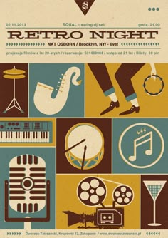 a poster for the retro night with various musical instruments and music symbols on it's sides