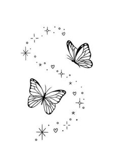 two butterflies flying in the sky with stars around them