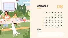 a calendar with people sitting at a picnic table and a dog standing on the bench