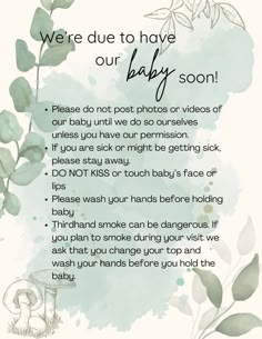 a baby announcement with watercolor leaves on it and the words, we're due to have our baby son