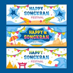 three banners for the songkran festival, with an umbrella and sandcastles