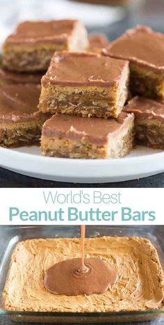 peanut butter bars are stacked on top of each other