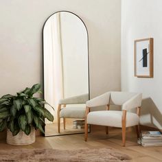 a living room with a chair, mirror and potted plant