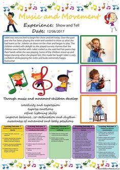 an advertisement for the children's music and movement program, with pictures of kids playing instruments