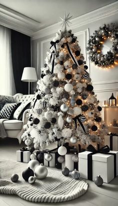 a white christmas tree with black and silver ornaments