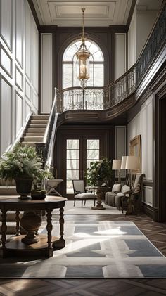 an elegant foyer with stairs and potted plants