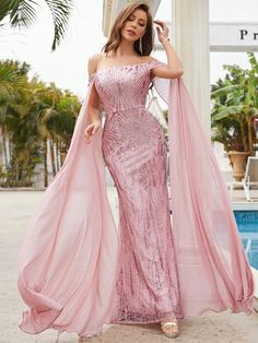 Baby Pink Party Collar Extra-Long Sleeve Chiffon Plain A Line Embellished Non-Stretch  Women Clothing Shoulder Cloak, Evening Dresses Long Sleeve, Sequin Formal Dress, Long Sleeve Evening Dresses, فستان سهرة, Dubai Fashion, Pink Prom Dresses