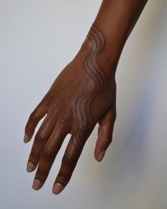 a person's hand with black lines painted on the arm and wrist, against a white background