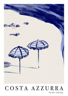 two umbrellas on the beach in blue and white watercolor, with text costa azzurra