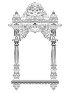 an ornate arch with columns and carvings on the sides, drawn in pencil by hand