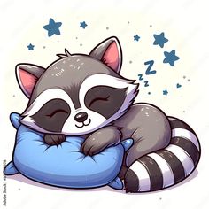 a raccoon sleeping on a pillow with its eyes closed