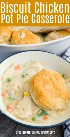 biscuit chicken pot pie casserole in a white bowl