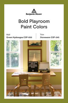 a table with two chairs and a laptop on it in front of a window that says bold playroom paint colors