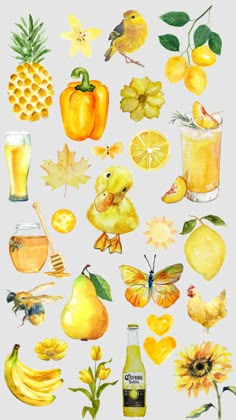 watercolor painting of various fruits and vegetables with honey, lemons, apples, pineapple