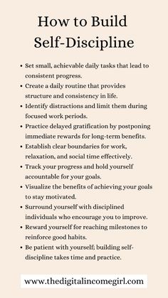 Building self-discipline is essential for achieving personal goals and enhancing personal improvement. These ten strategies provide practical ways to cultivate self-discipline through small, achievable tasks, accountability, and surrounding yourself with supportive individuals. By following this personal development plan, you’ll gain the confidence to make lasting changes in your life. Discipline For Women, Tips For Discipline, How To Change Behavior, How To Master Self Discipline, How To Build Discipline And Consistency, Practice Self Discipline, How To Learn Self Discipline, How To Develop Yourself, How To Gain Self Control