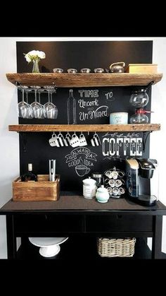 a coffee bar with chalkboard on the wall