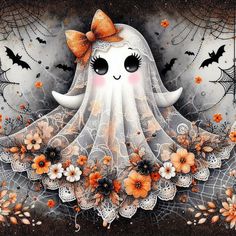 a painting of a ghost with flowers and bats on it's head, sitting in front of a black background