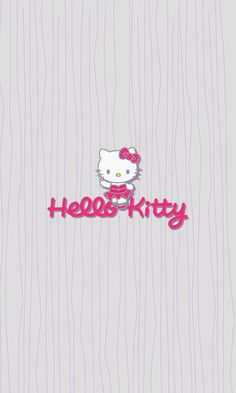 the hello kitty logo is shown in pink and white stripes on a gray background with an image of a cat