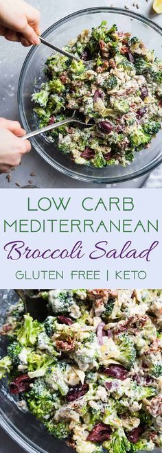 broccoli salad in a glass bowl on top of a table with the words low carb mediterranean broccoli salad