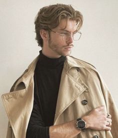 Mens Semi Long Hairstyles, Pushed Back Hair, Dark Academia Hairstyle, Men Haircut Curly Hair