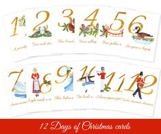 twelve days of christmas cards with gold numbers and images of people dressed in period costumes