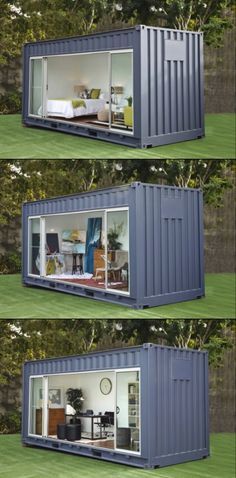 three pictures of the inside and outside of a shipping container with windows on each side