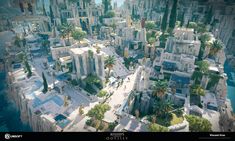 an aerial view of a futuristic city with palm trees