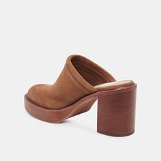 Castel Heels in Chestnut Suede | Women's Chestnut Suede Clogs – Dolce Vita Hot Couture, Heeled Clogs, Comfy Heels, Heeled Mule, Leather Clog, Suede Clogs, Beauty Finds, Platform Mules, Jumpsuit Chic