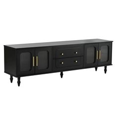 the sideboard has three doors and two drawers on each side, with gold handles