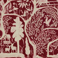 an image of a painting with trees and animals in the woods on red paper background