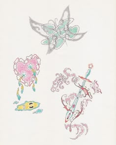 an image of some drawings on paper with flowers and butterflies in the middle one has scissors