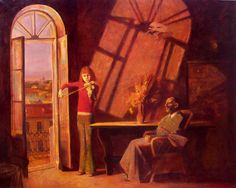 a painting of a woman standing in front of an open door with a man sitting at a table next to her