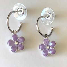 Brand New, Darling Sterling Silver Enamel Sweet Little Flower Earrings. Done In Purple Enamel With A Crystal Center. Very Nice Quality And Purchased From A High End Jewelry Store. Stamped On Back, 925 For Sterling Silver. Perfect For Gift Giving With Gift Box. Flower Dangle Earrings, High End Jewelry, Purple Flower, Silver Enamel, Jewelry Store, Flower Earrings, Purple Flowers, Gift Giving, Jewelry Stores