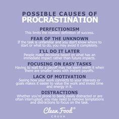 a purple poster with the words possible cause of procrastination in white lettering