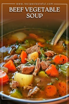 a bowl of beef vegetable soup with carrots and potatoes