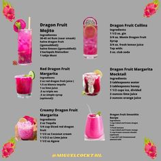 the dragon fruit cocktail recipe is shown in this graphic style, with instructions for how to make