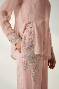 Buy Pink Georgette Embroidery Ambrosia Collar Neck Vani Blossom Era Shirt Pant Set For Women by Studio Bagechaa Online at Aza Fashions. Pink Suits, Pakistani Designer Suits, Shirt Pant, Pakistani Fashion Party Wear, Salwar Kamiz, Traditional Indian Outfits, Shirt Pant Set